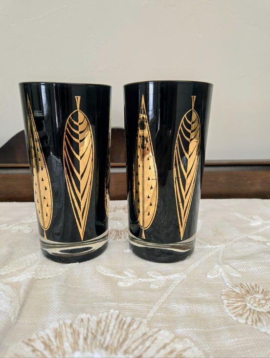 Other - Mid Century Set Of 2 Highball Glasses Black And Gold